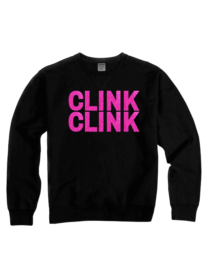 Housewives of True Crime Jersey Cotton Crew Neck Sweatshirt in black with pink glitter "clink clink"