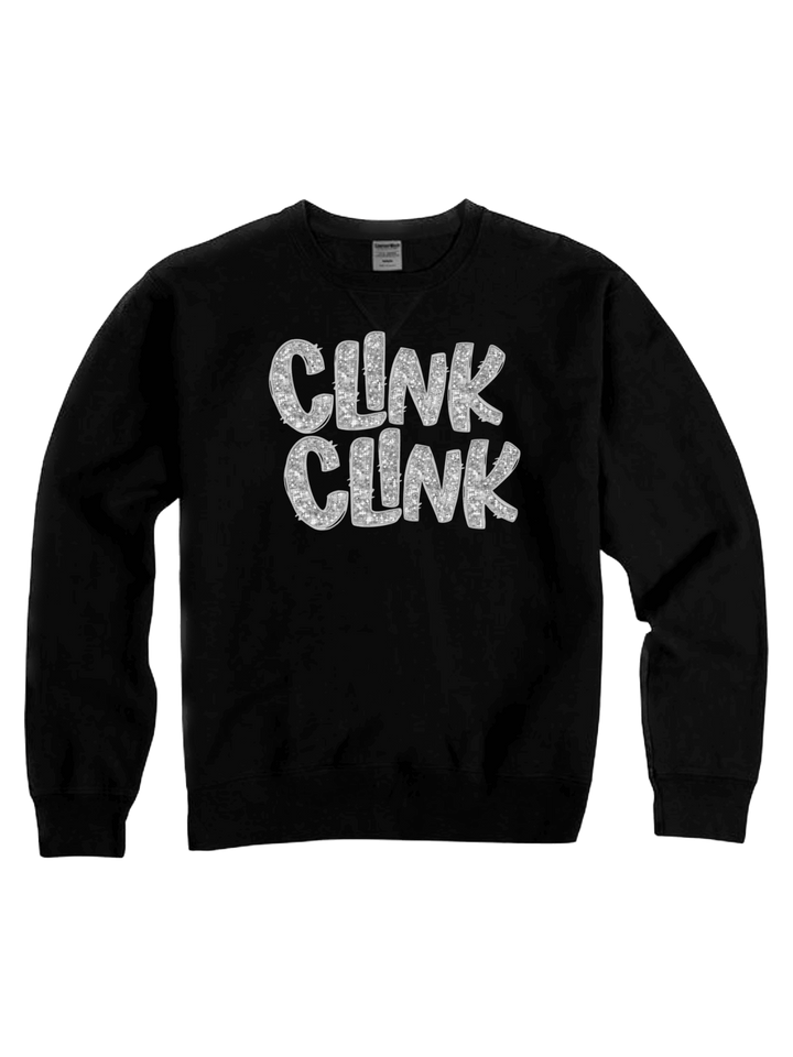 Housewives of True Crime Jersey Cotton Crew Neck Sweatshirt in black with silver glitter "clink clink"