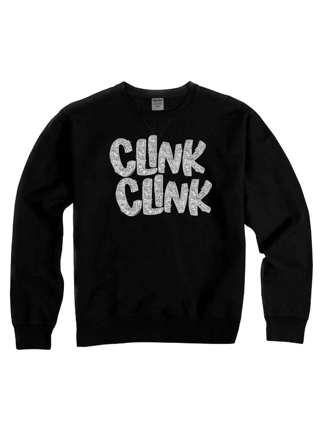 Housewives of True Crime Jersey Cotton Crew Neck Sweatshirt in black with silver glitter "clink clink"